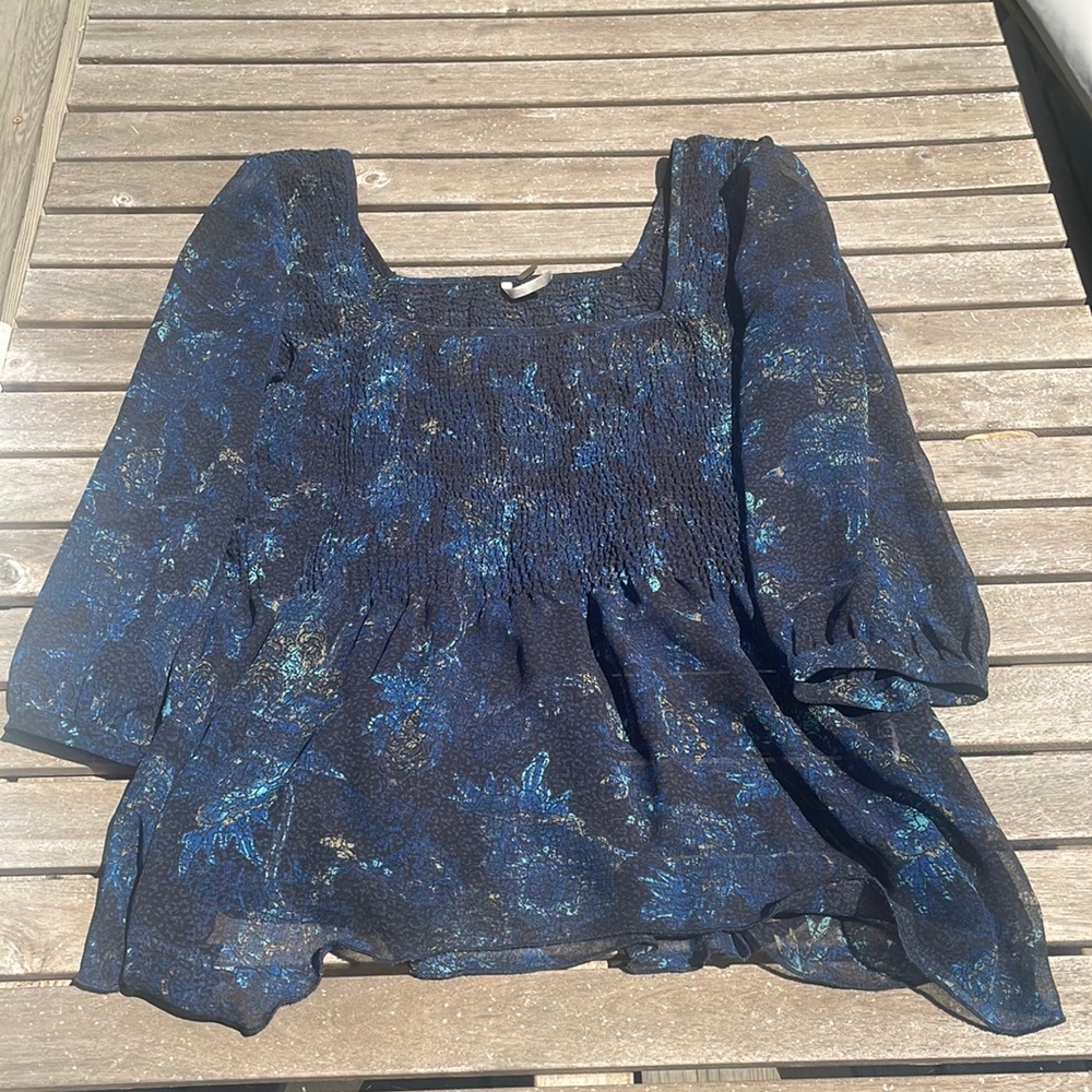 Free People Abstract Floral Print Chiffon Top Blouse